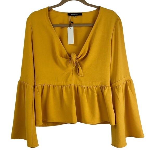 Sugar Lips Women SZ M Rich Yellow-Ochre Top Wide Fun Sleeves Sexy Front Tie NEW - Picture 1 of 10